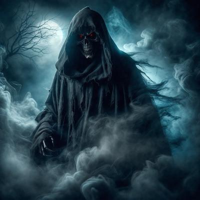 The primary subject of the image is a skeleton figure, possibly a demon or a character from a horror movie, wearing a black robe and standing in front of a tree. The setting appears to be a dark, foggy forest, with a moon visible in the background. The visual style of the image is a digital art or illustration, creating a dramatic and eerie atmosphere. The dominant colors are black, white, and shades of gray, which contribute to the overall mood of the scene.